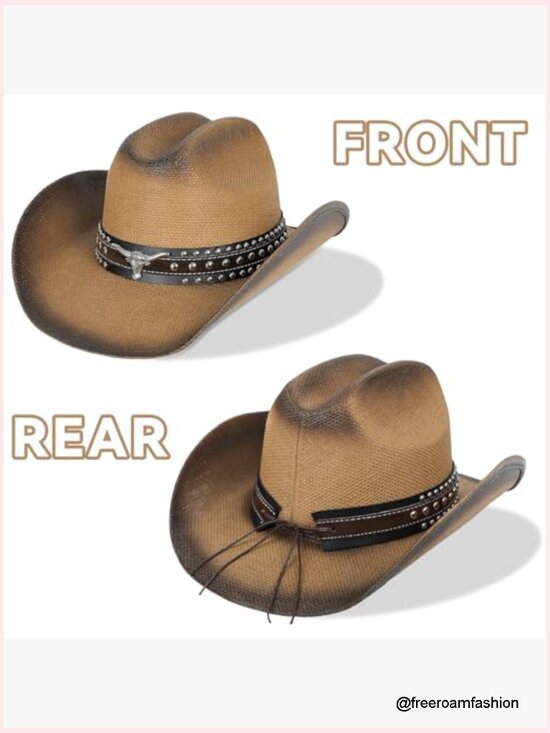 Straw Wide Brim Cowboy Hat, Shapeable Brim Western Hat Unisex main image 4
